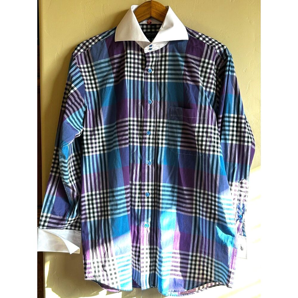 John Sparks French Cuff Plaid Button Up Shirt Cuff Links Size 16 32/33